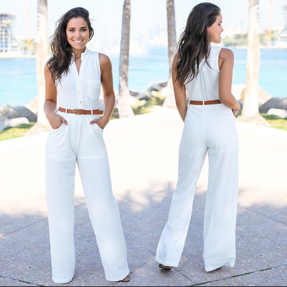 White Sleeveless Jumpsuit with Brown Belt